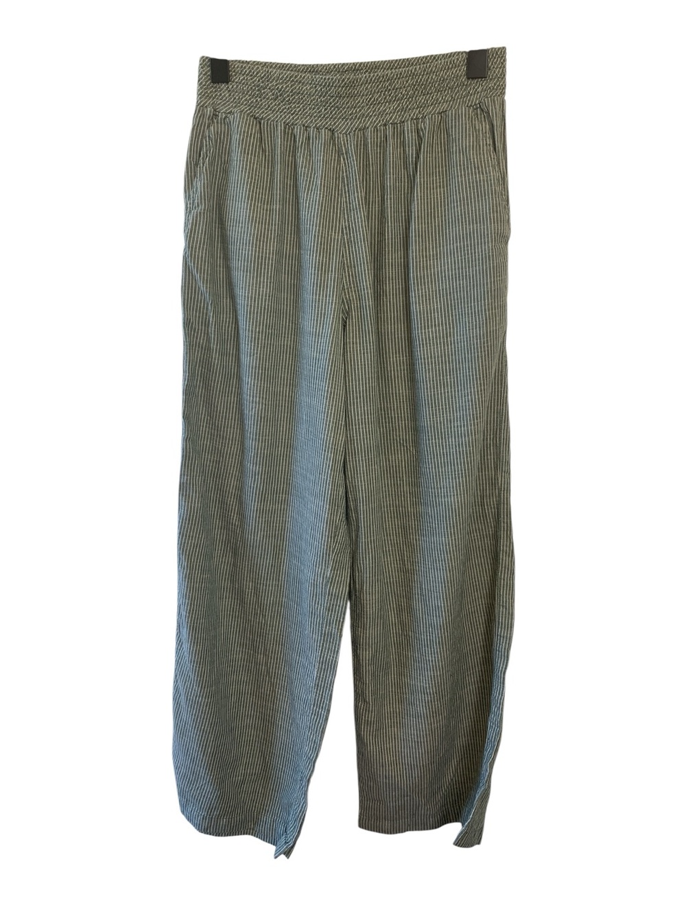 Kavu Organic Cotton Blend Olive Pinstripe Relaxed Wide-Leg Pants,Pockets